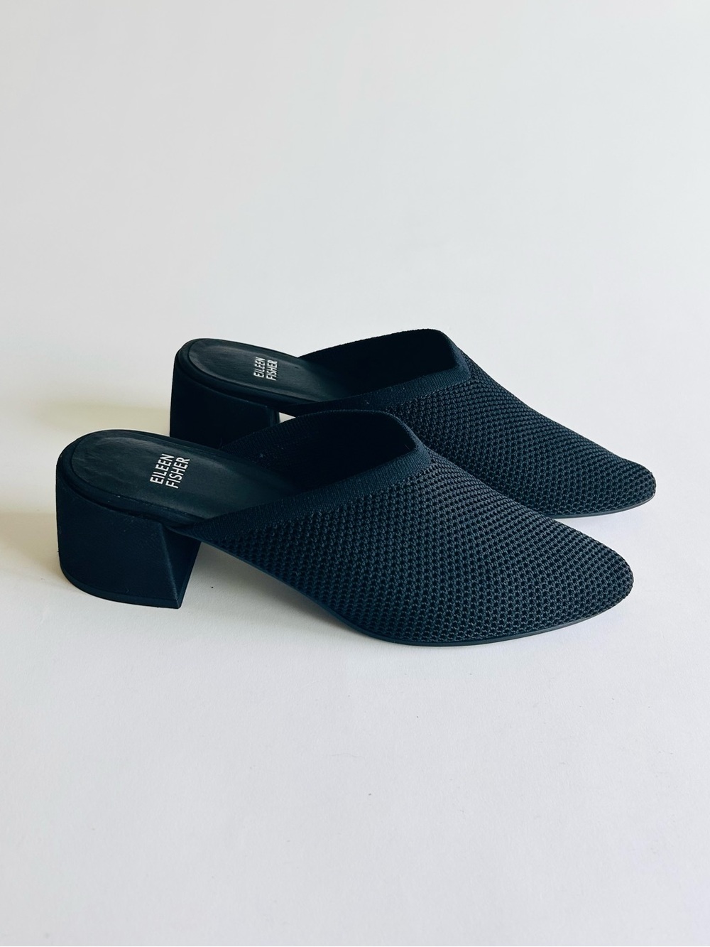 Eileen Fisher Black Textile Leather Almond Toe Rubber Outsole Heel Mules size 10